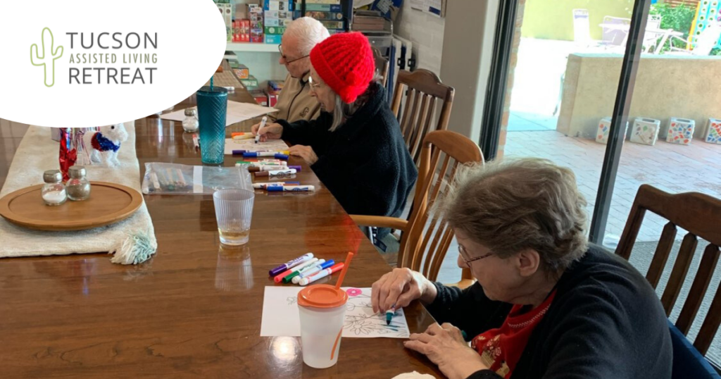 Residents enjoy coloring as a part, an activity that can be useful in memory care.